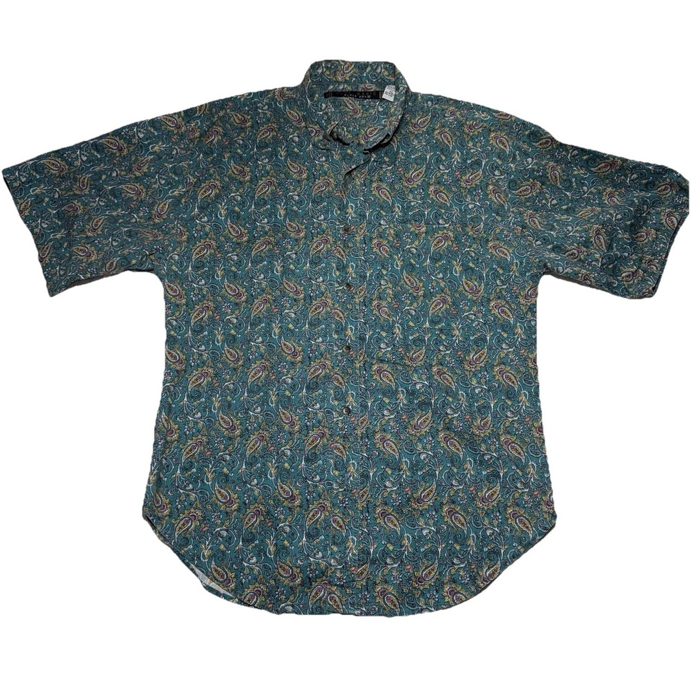 Vintage Bugle Boy Paisley Abstract Button Up Shirt Mens XL Teal Green 90s